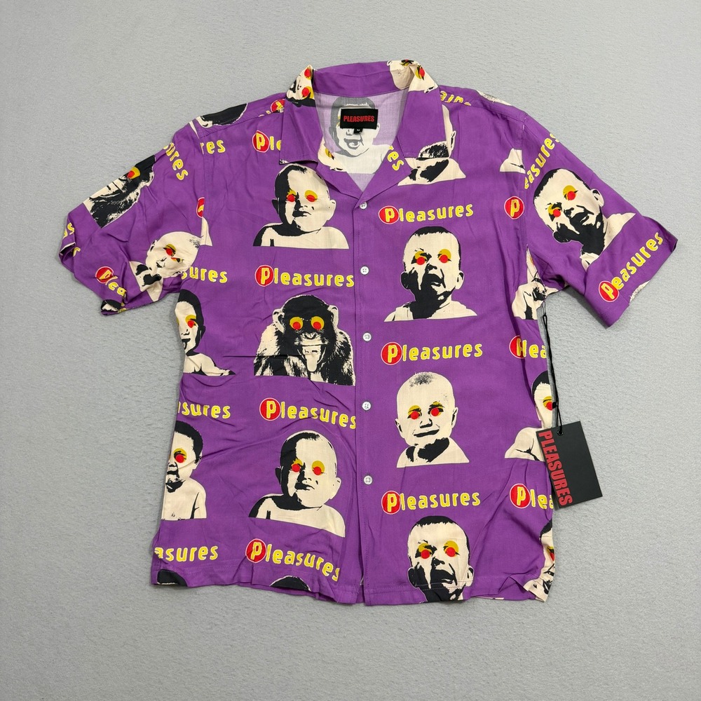 Pleasures Head Button Down Medium Purple Crying Baby Monkey Rayon Streetwear NEW